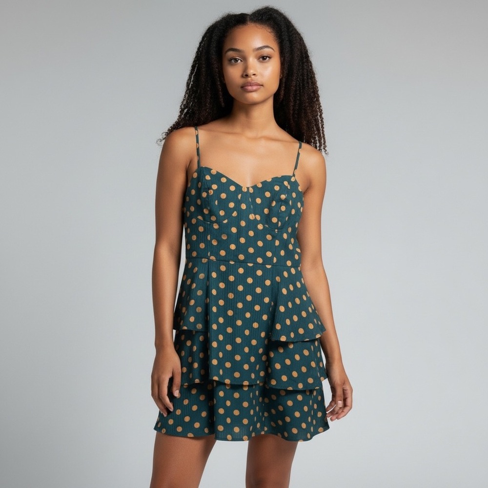 Lush Mini Dress Womens Small Teal Orange Polka Dot  Tiered Ruffle LD42559